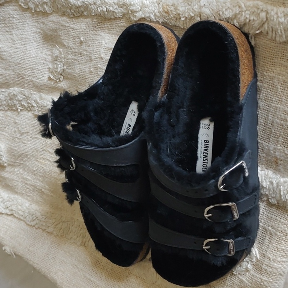 Birkenstock Black Shearling Sandals